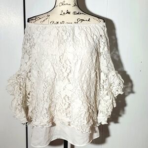 Fever- Womens White Floral Lace/Crochet Ruffles Trumpet Sleeves Top Sz.Large